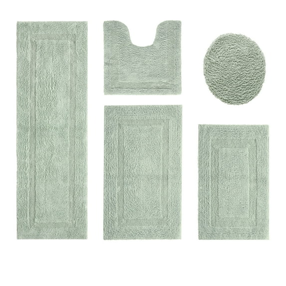 Better Trends Bath Rugs 5 Piece Set 100% Cotton Soft U-Shaped Toilet Mat Water Absorbent Reversible Machine Washable for Bathroom Decor Toilet Base Contour, Lid Cover Dark Sage Lux Collection