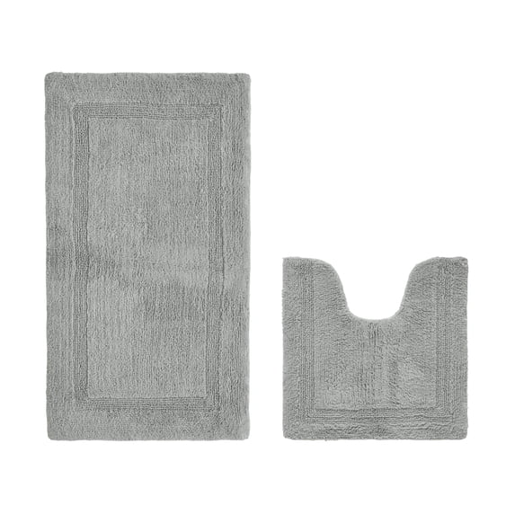 Better Trends Bath Rugs U-Shaped Contour Toilet Rugs Sets 2 Piece 100% Cotton Bathroom Mat Soft Absorbent Reversible Decor Tub Shower Bathroom Floor, 20"x20"|24"x40" Silver Lux Collection