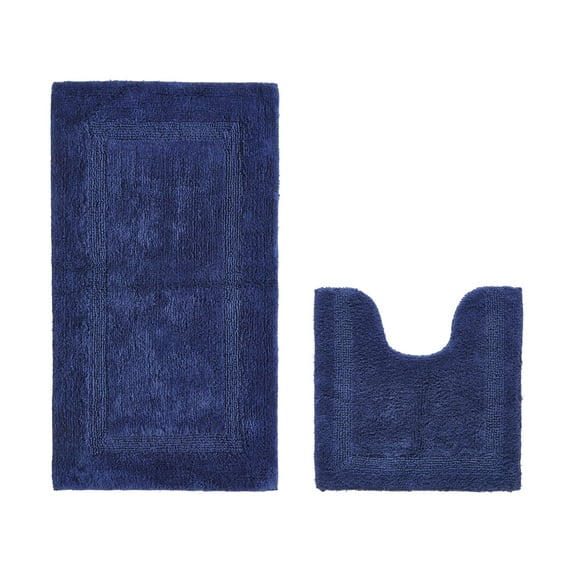 Better Trends Bath Rugs U-Shaped Contour Toilet Rugs Sets 2 Piece 100% Cotton Bathroom Mat Soft Absorbent Reversible Washable for Decor Tub Shower Bathroom Floor, 20"x20"|24"x40" Navy Lux Collection