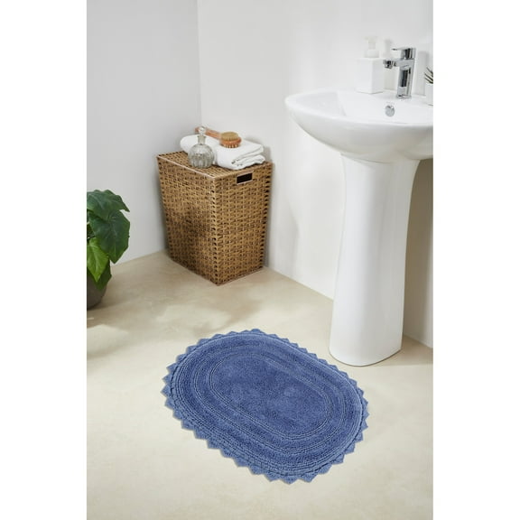 Better Trends 17" x 24" Oval Shape Bath Mat 100% Cotton Bathroom Rug Water Absorbent Bath Rug Machine Washable (Blue) Lilly Crochet Collection
