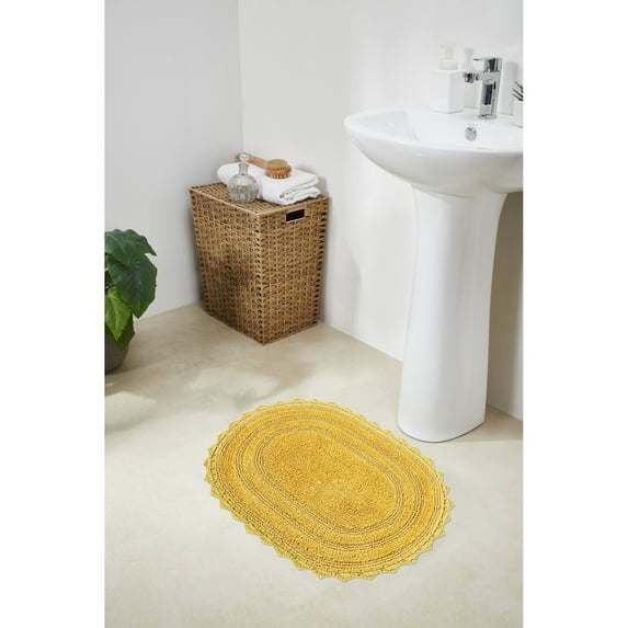 Better Trends 17" x 24" Oval Shape Bath Mat 100% Cotton Bathroom Rug Water Absorbent Bath Rug Machine Washable (Yellow) Lilly Crochet Collection