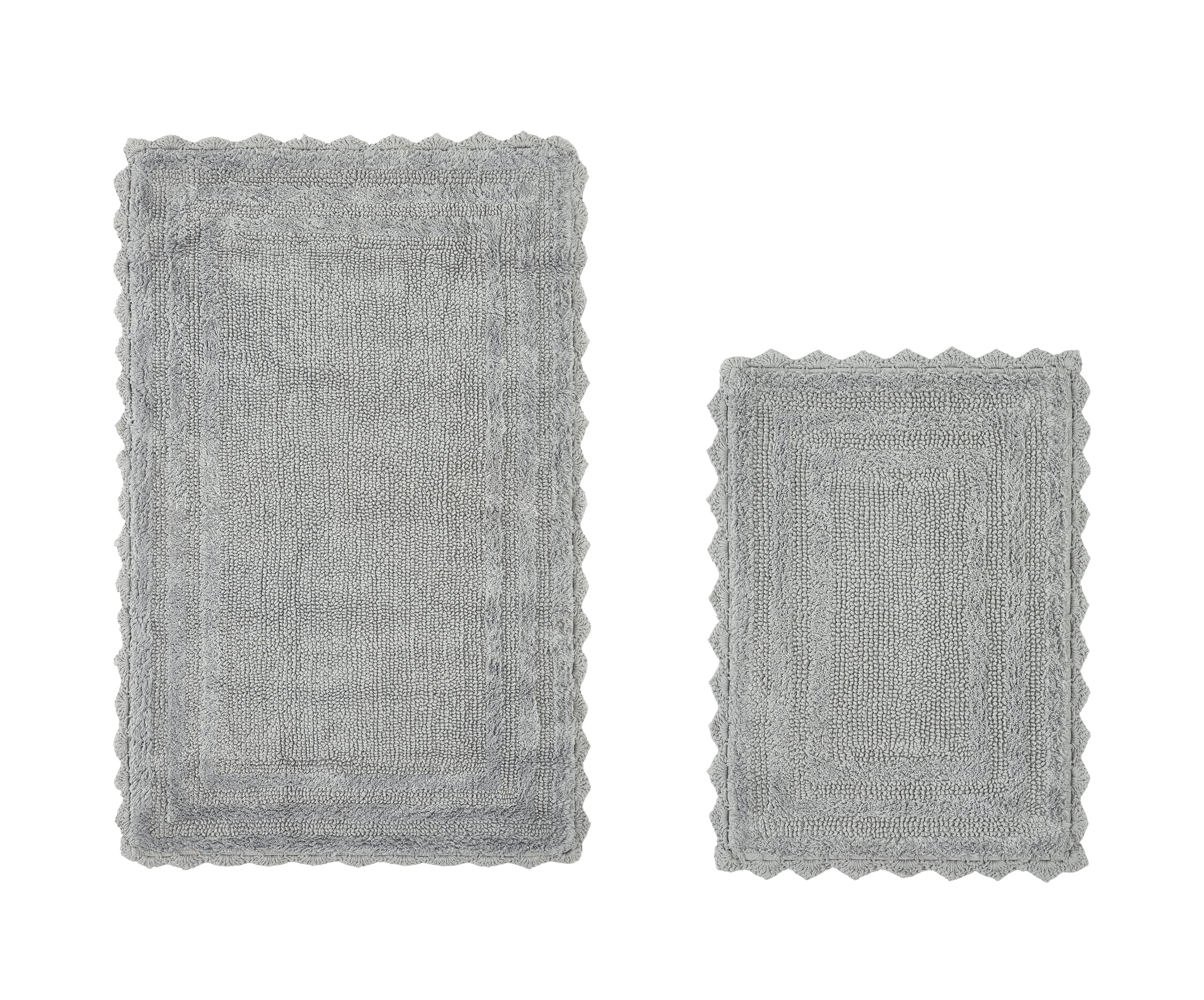 Gray Cotton Tufted Reversible Crochet Bath Rug Set, 17" x 24" and 21" x 34"