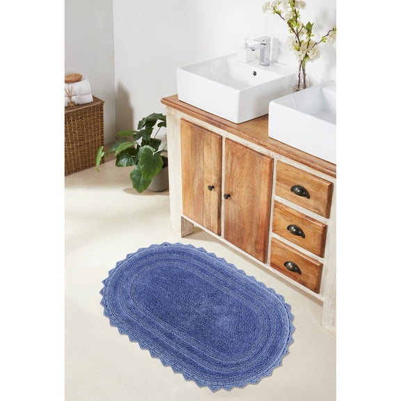 Better Trends 20" x 32" Oval Shape Bath Mat 100% Cotton Bathroom Rug Water Absorbent Bath Rug Machine Washable (Blue) Lilly Crochet Collection