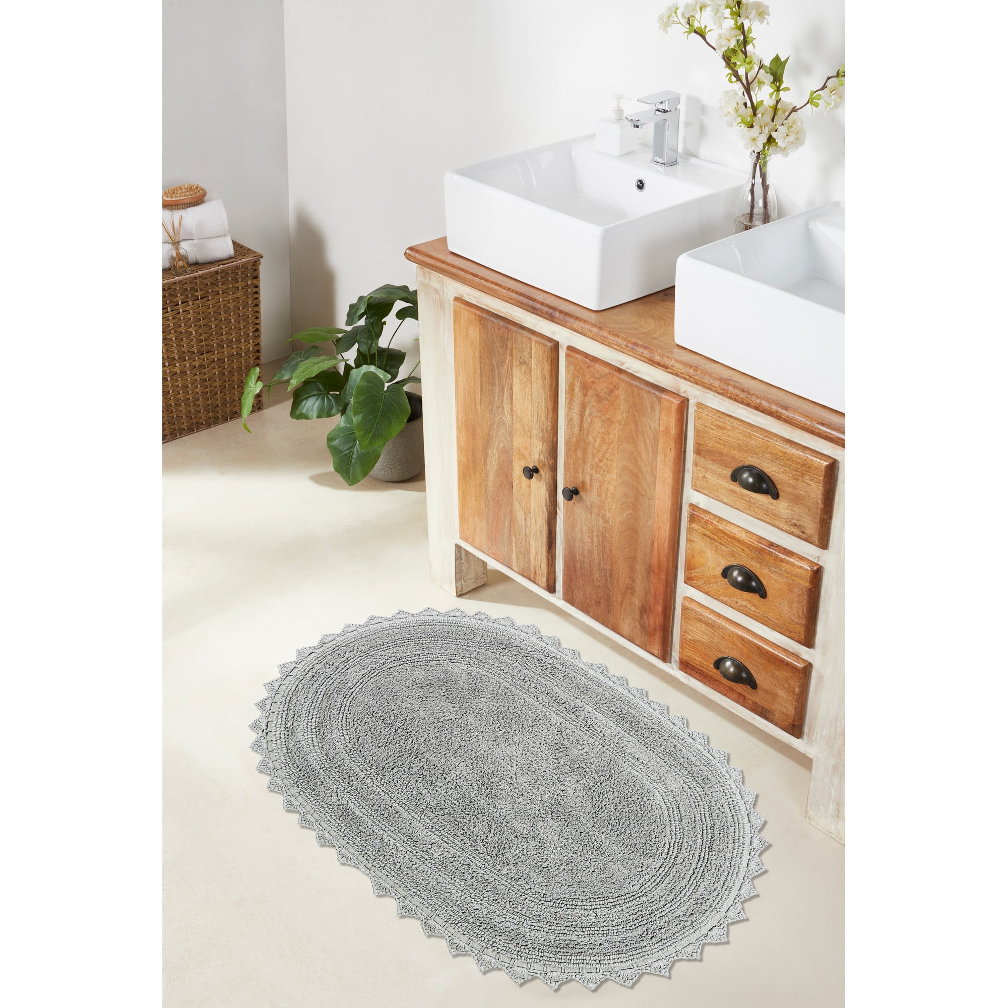 Better Trends 20" x 32" Oval Shape Bath Mat 100% Cotton Bathroom Rug Water Absorbent Bath Rug Machine Washable (Gray) Lilly Crochet Collection