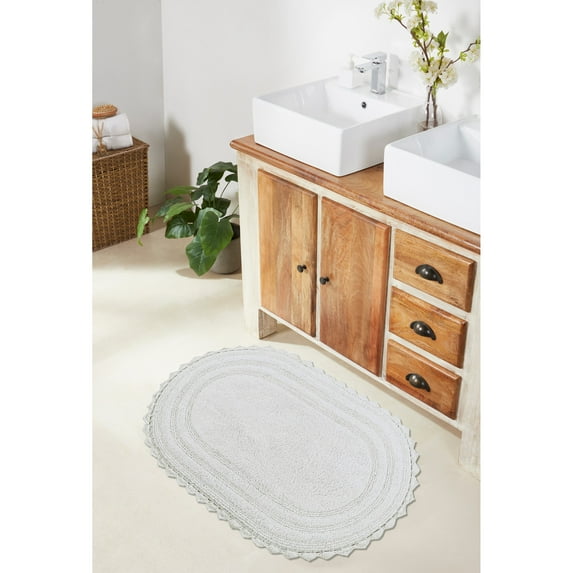 Better Trends 20" x 32" Oval Shape Bath Mat 100% Cotton Bathroom Rug Water Absorbent Bath Rug Machine Washable (White) Lilly Crochet Collection