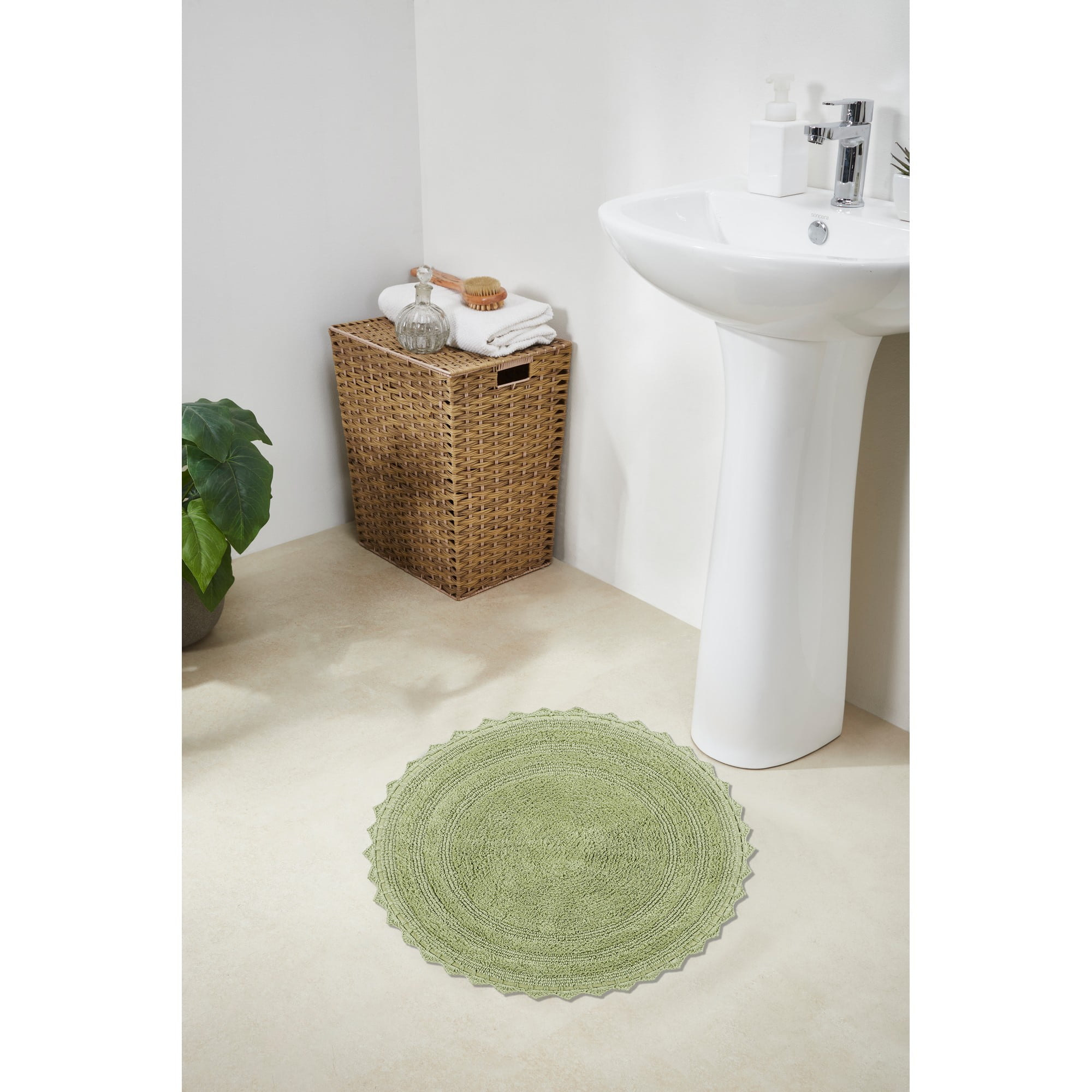 Sage Green Cotton Crochet Round Bath Rug, 24-inch