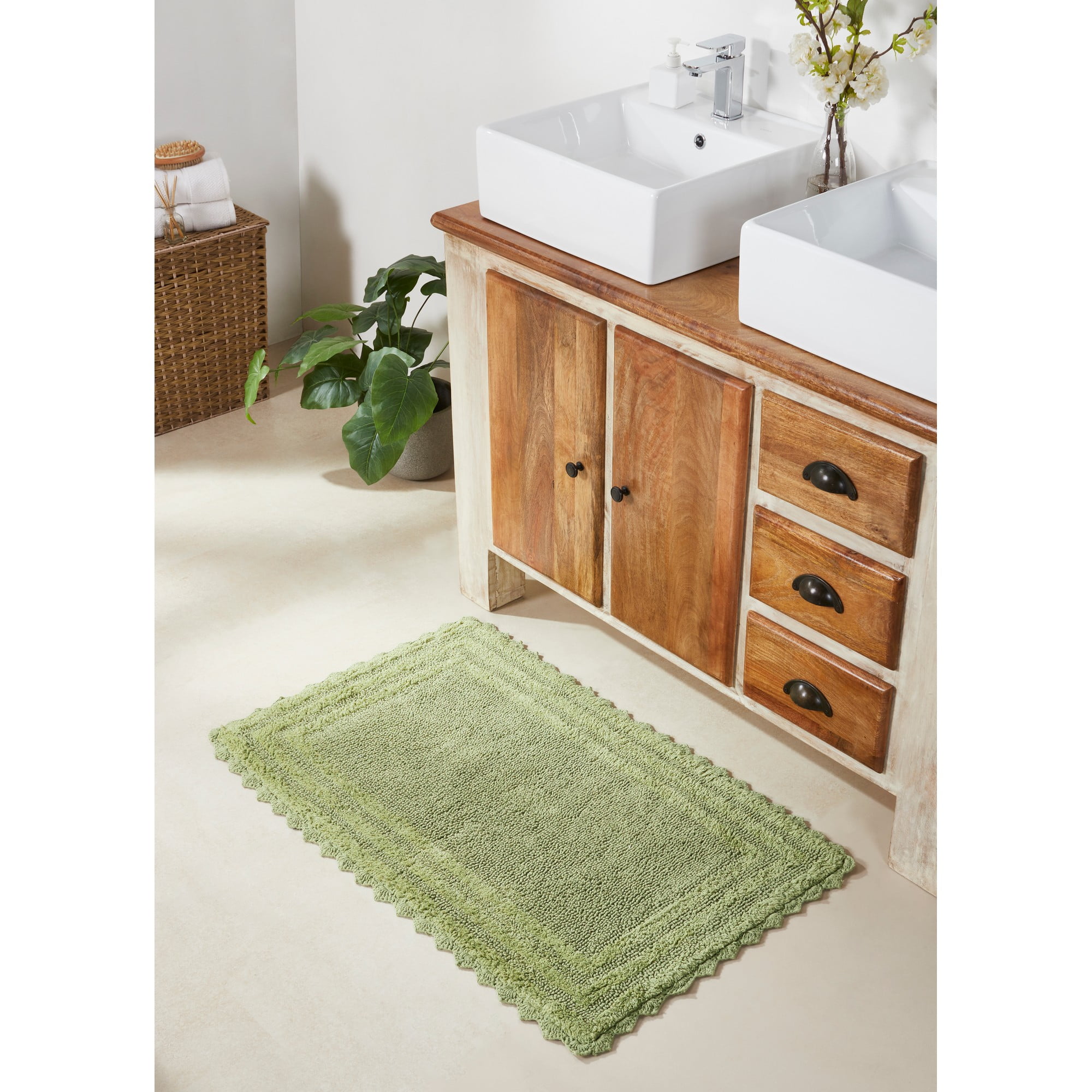 Sage Green Cotton Tufted Reversible Crochet Bath Rug 24" x 40"