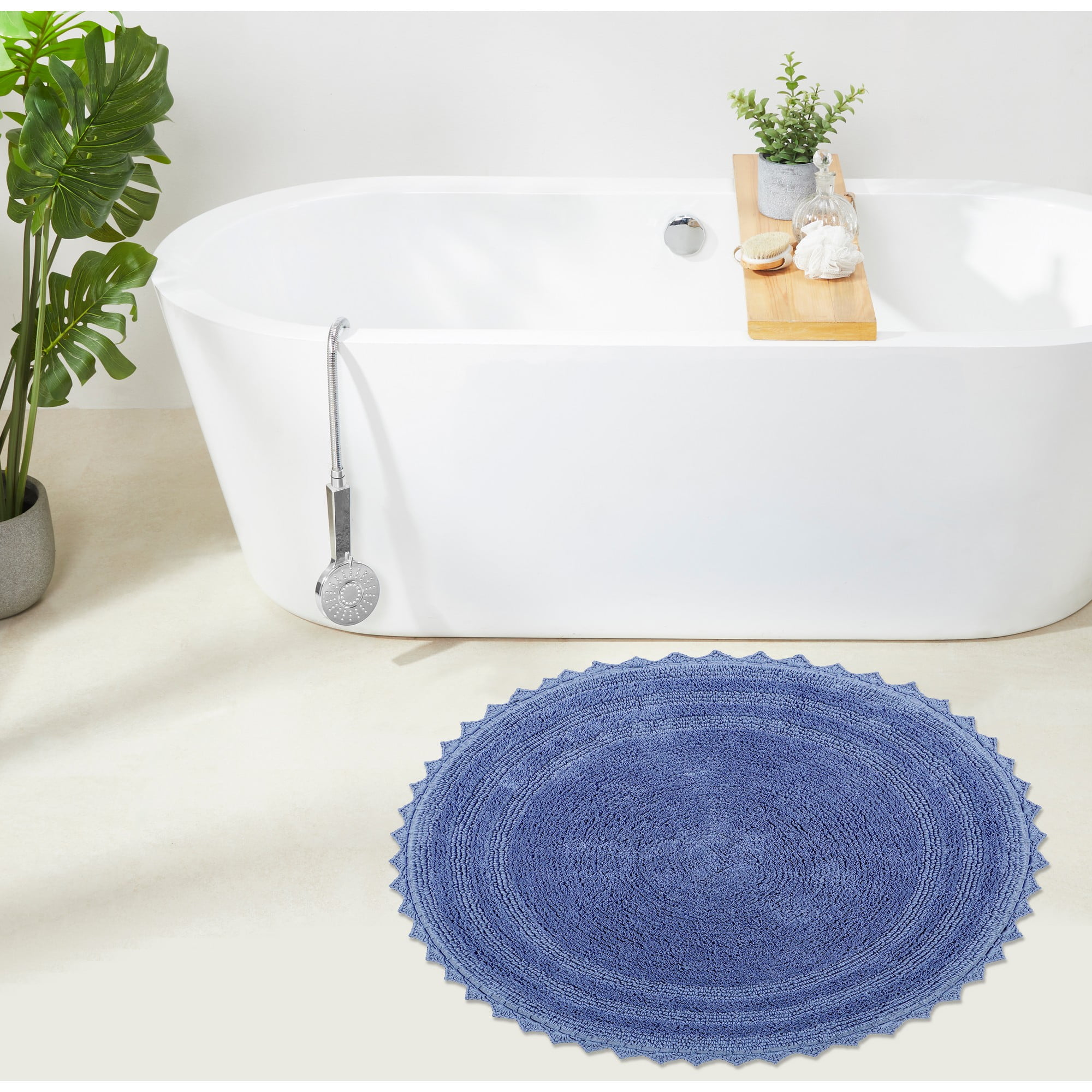 Blue 30" Round Cotton Crochet Bath Rug