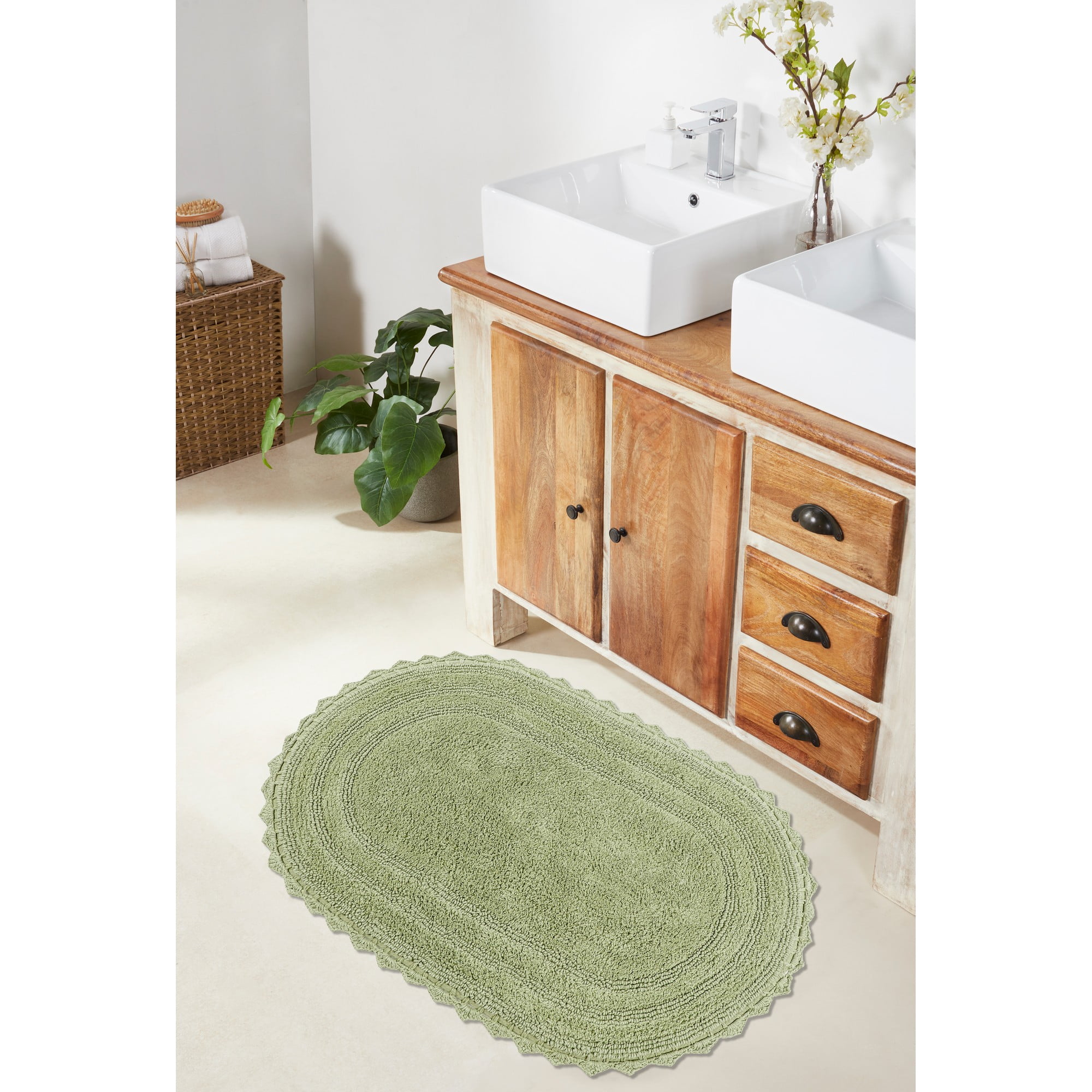 Better Trends 20" x 32" Oval Shape Bath Mat 100% Cotton Bathroom Rug Water Absorbent Bath Rug Machine Washable (Sage) Lilly Crochet Collection