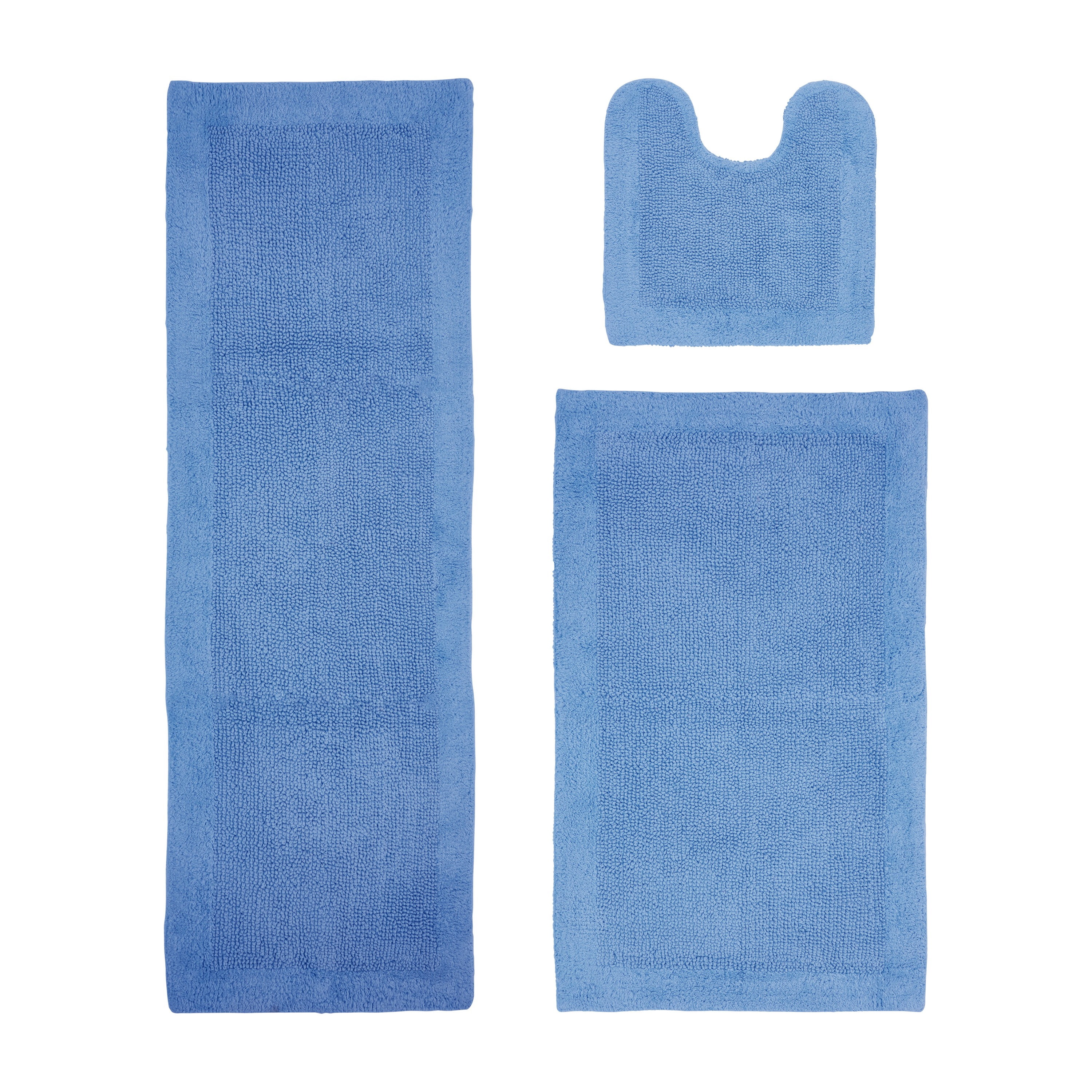 Better Trends 3 Piece Premium Bathroom Rug Set 100% Cotton Soft Tufted Bath Mat Water absorbent Reversible U shape Toilet Bath Rug for Bathroom, Shower and Bathtub Use, Dark Blue - Edge Collection