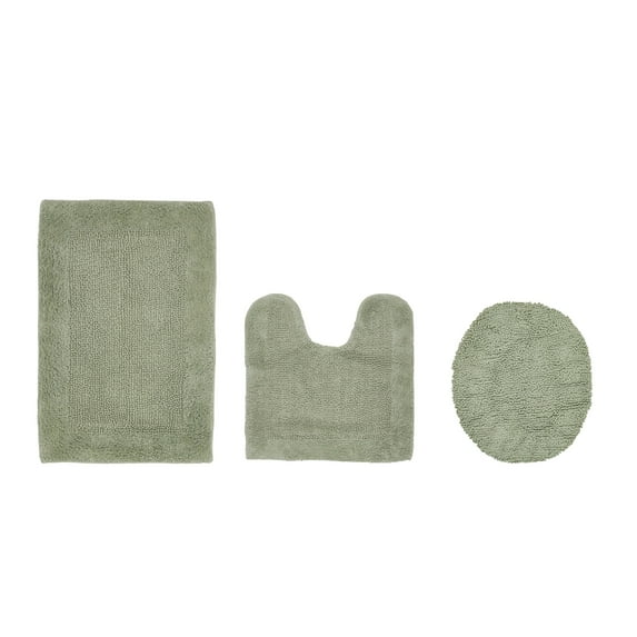 Better Trends 3 Piece Premium Bathroom Rug Set 100% Cotton Soft Tufted Bath Mat Water absorbent Reversible U shape Toilet Bath Rug for Bathroom, Shower and Bathtub Use, Dark Sage - Edge Collection