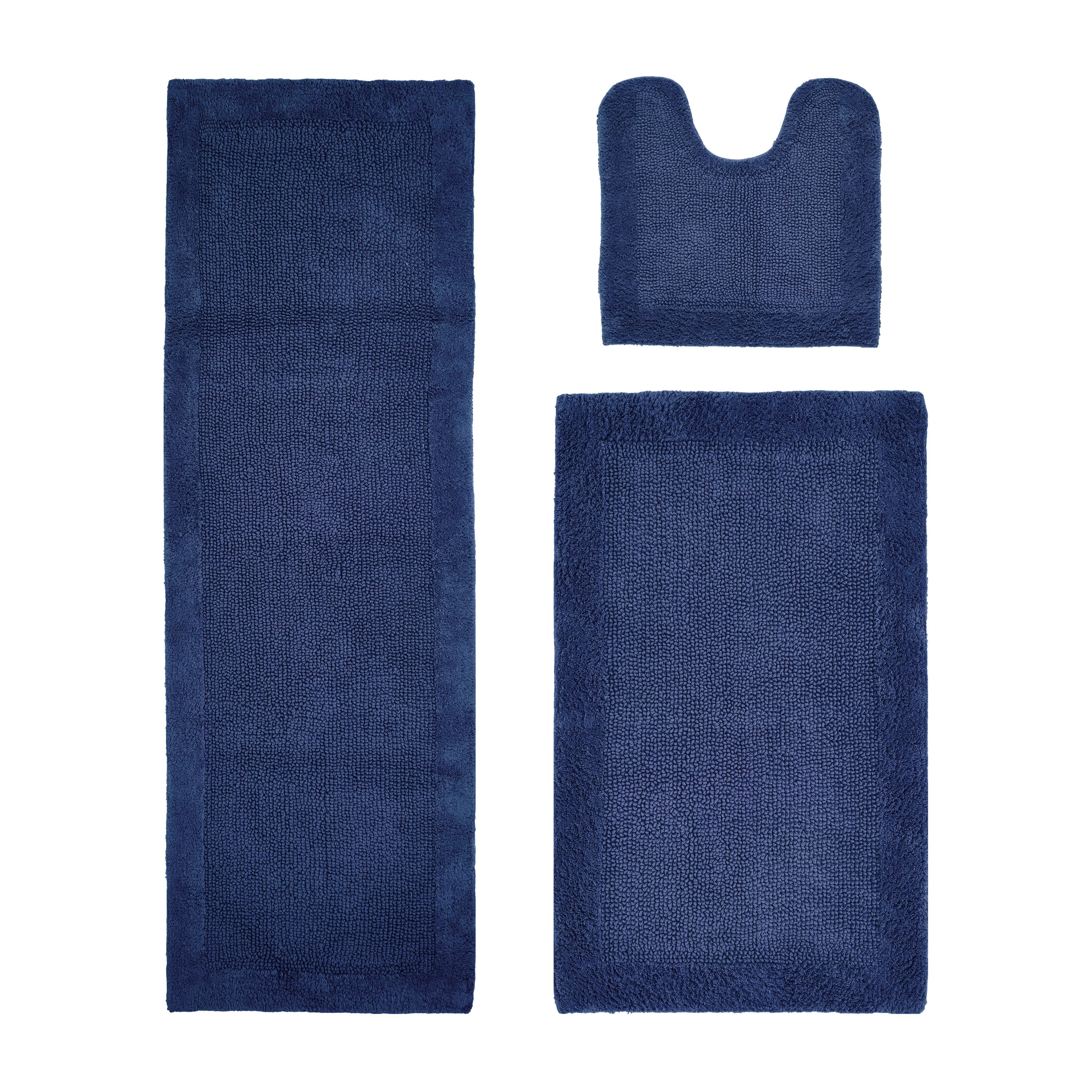 Better Trends 3 Piece Premium Bathroom Rug Set 100% Cotton Soft Tufted Bath Mat Water absorbent Reversible U shape Toilet Bath Rug Perfect for Bathroom, Shower and Bathtub Use, Navy - Edge Collection