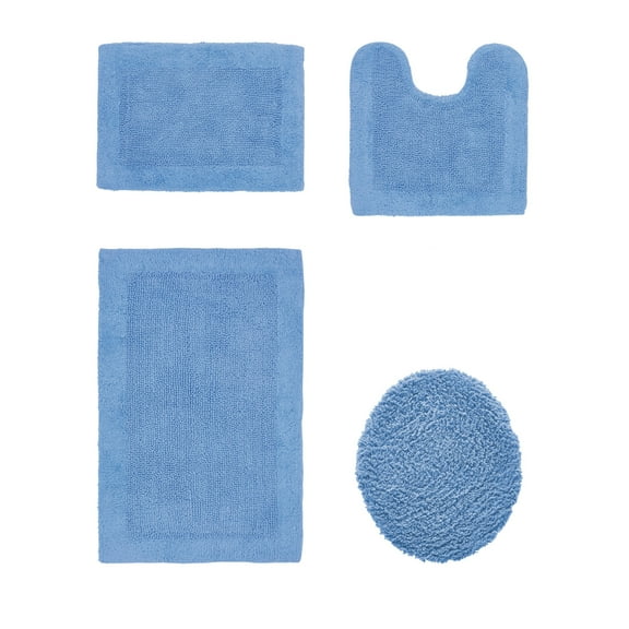 Better Trends 4 Piece Premium Bathroom Rug Set 100% Cotton Soft Tufted Bath Mat Water absorbent Reversible U shape Toilet Bath Rug for Bathroom, Shower and Bathtub Use, Dark Blue - Edge Collection