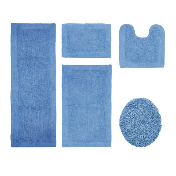 Better Trends 5 Piece Premium Bathroom Rug Set 100% Cotton Soft Tufted Bath Mat Water absorbent Reversible U shape Toilet Bath Rug for Bathroom, Shower and Bathtub Use, Dark Blue - Edge Collection