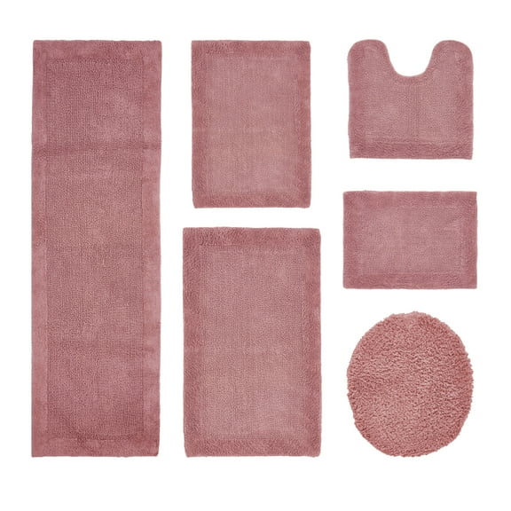 Better Trends 6 Piece Premium Bathroom Rug Set 100% Cotton Soft Tufted Bath Mat Water absorbent Reversible Bath Rug Perfect for Bathroom, Shower and Bathtub Use, Pink - Edge Collection