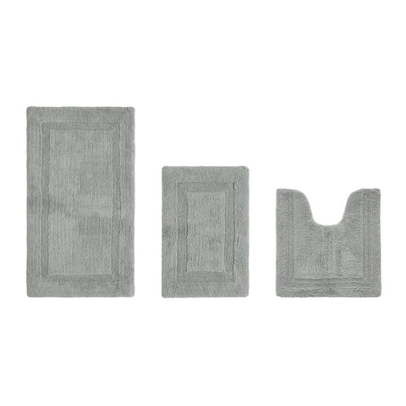 Better Trends Bathroom Rugs 3 Piece Set 100% Cotton Bath Rug Soft Water Absorbent Reversible, Machine Washable for Bathroom Decor U Shap Toilet Base Contour Mat Silver Lux Collection