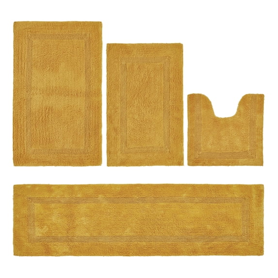 Better Trends Bathroom Rugs 4 Piece Set 100% Cotton Soft Bath Rug, Water Absorbent, Reversible, Machine Washable for Bathroom Decor Toilet Base Contour, Runner Rug Yellow Lux Collection