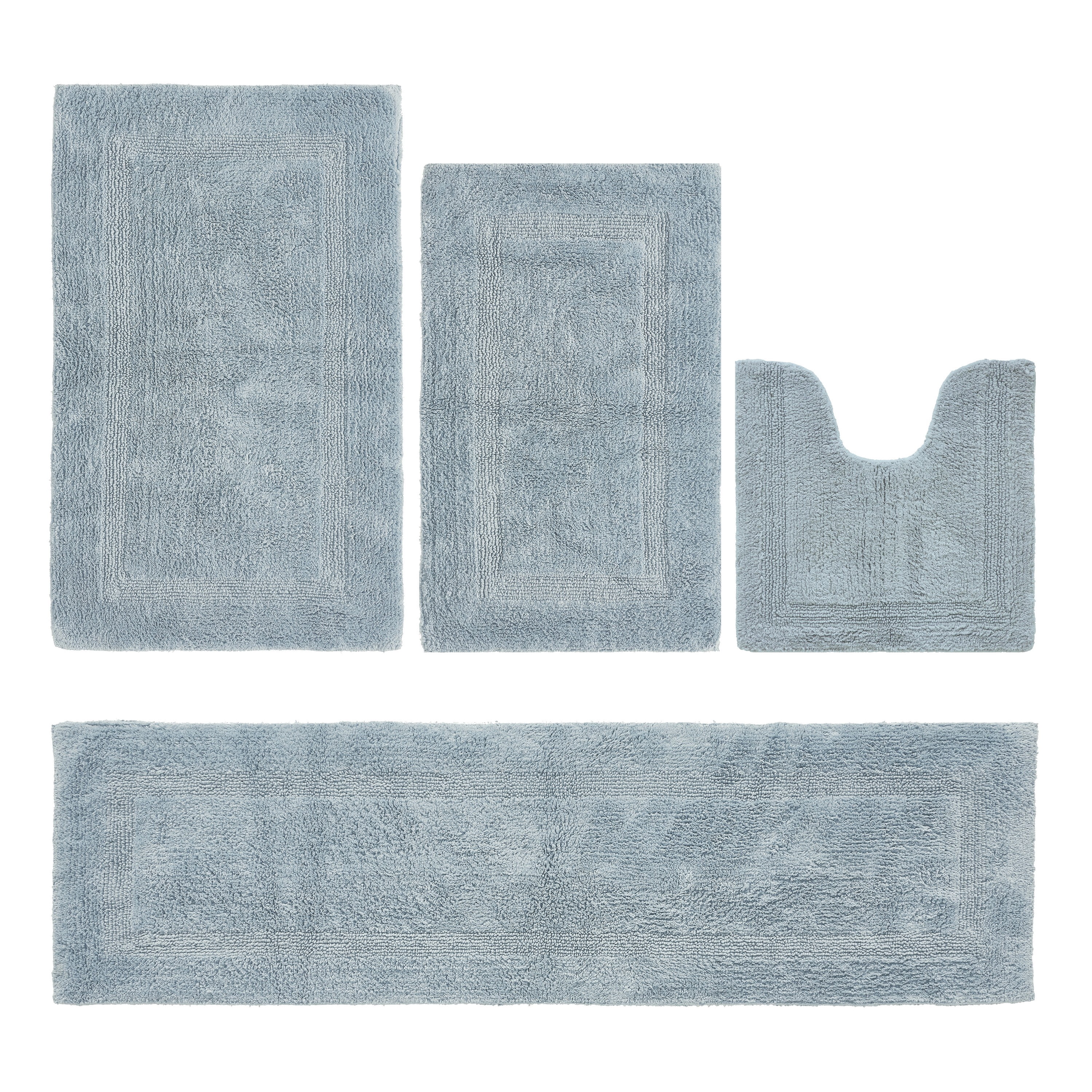 Better Trends Bathroom Rugs 4 Piece Set 100% Cotton Soft Bath Rug, Water Absorbent, Reversible, Machine Washable for Bathroom Decor Toilet Base Contour, Runner Rug Blue Lux Collection