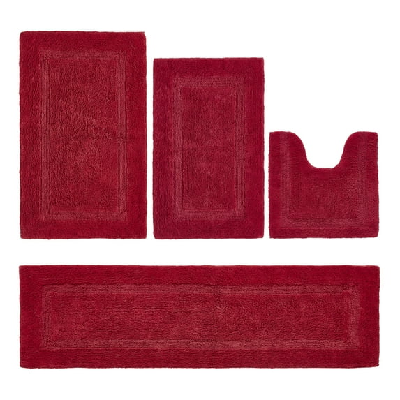 Better Trends Bathroom Rugs 4 Piece Set 100% Cotton Soft Bath Rug, Water Absorbent, Reversible, Machine Washable for Bathroom Decor Toilet Base Contour, Runner Rug Red Lux Collection