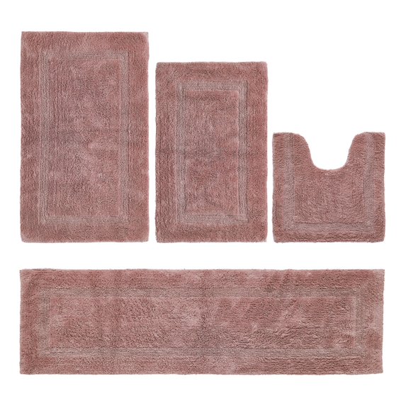 Better Trends Bathroom Rugs 4 Piece Set 100% Cotton Soft Bath Rug, Water Absorbent, Reversible, Machine Washable for Bathroom Decor Toilet Base Contour, Runner Rug Pink Lux Collection