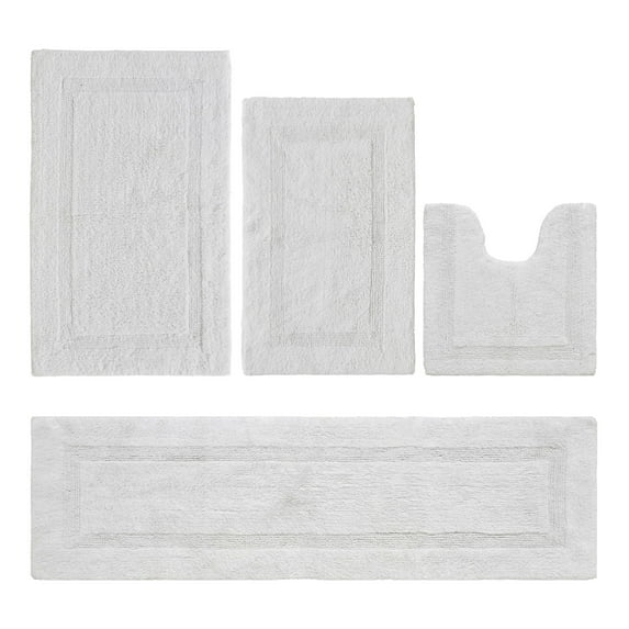 Better Trends Bathroom Rugs 4 Piece Set 100% Cotton Soft Bath Rug, Water Absorbent, Reversible, Machine Washable for Bathroom Decor Toilet Base Contour, Runner Rug White Lux Collection