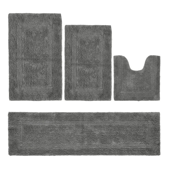 Better Trends Bathroom Rugs 4 Piece Set 100% Cotton Soft Bath Rug, Water Absorbent, Reversible, Machine Washable for Bathroom Decor Toilet Base Contour, Runner Rug Gray Lux Collection