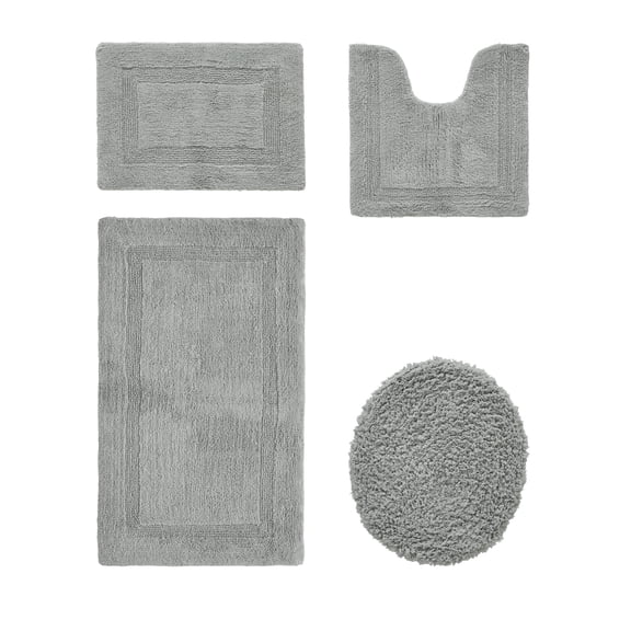 Better Trends Bathroom Rugs 4 Piece Set 100% Cotton Soft Seat Covers, Water Absorbent, Reversible, Machine Washable for Bathroom Decor Toilet Base Contour, Lid Cover Silver Lux Collection