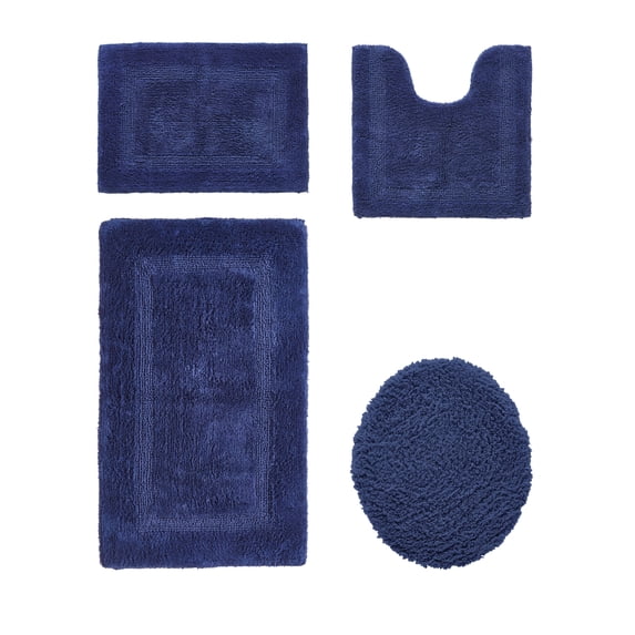 Better Trends Bathroom Rugs 4 Piece Set 100% Cotton Soft Seat Covers, Water Absorbent, Reversible, Machine Washable for Bathroom Decor Toilet Base Contour, Lid Cover Navy Lux Collection
