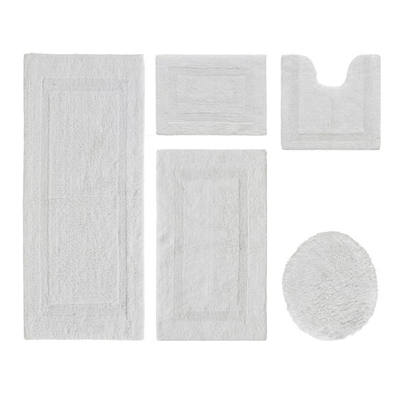 Better Trends Bathroom Rugs 5 Piece Set 100% Cotton Soft U-Shaped Toilet Mat Water Absorbent Reversible Bathroom Decor Toilet Base Contour, Lid Cover White Lux Collection