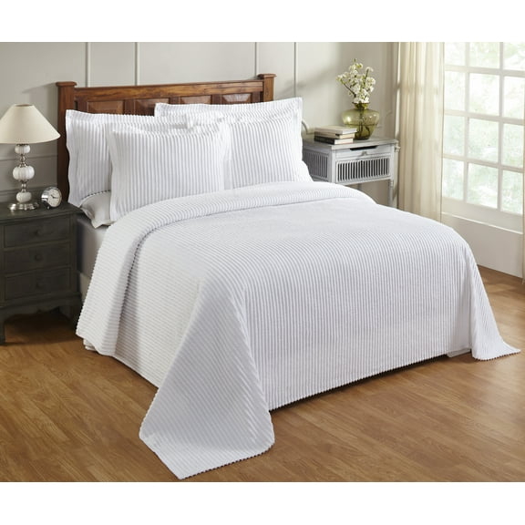Better Trends Bedspread 100% Cotton Chenille Tufted Stripe Bedsdpreads For Full Size Bed White
