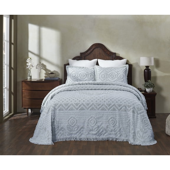 Better Trends 2 Piece Chenille Bedspread Set for Twin Bedspread 100% Cotton Medallion Design Lightweight Bedspread for all Season Heirloom Collection (Blue)