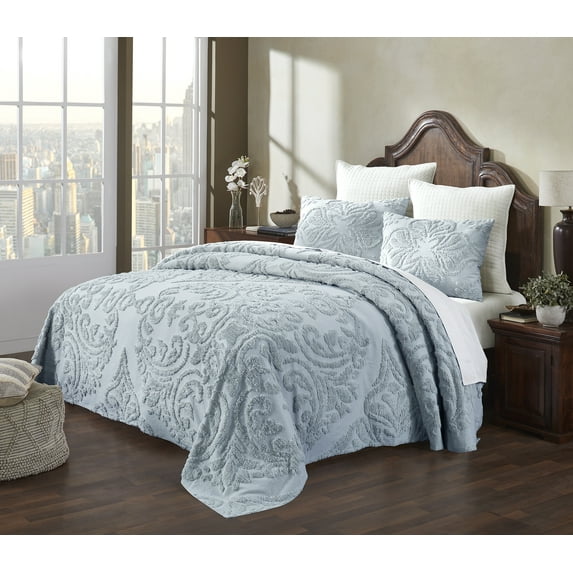 Better Trends 3 Piece Queen Bedspread Set 100% Cotton Tufted Floral Vineyard Pattern Soft & Luxurious Feel, Machine Washable (Blue) Rylee Collection