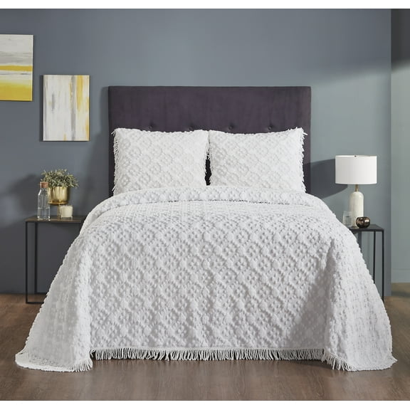 Better Trends 4 Piece Chenille Bedspread Set for Queen Bedspread 100% Cotton Lightweight Bedspread for All Season Charleston Collection (White)