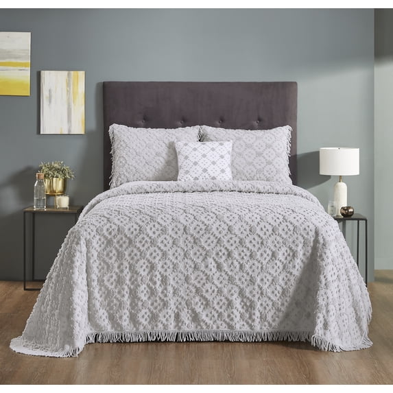 Better Trends 4 Piece Chenille Bedspread Set for Queen Bedspread 100% Cotton Lightweight Bedspread for All Season Charleston Collection (Gray)