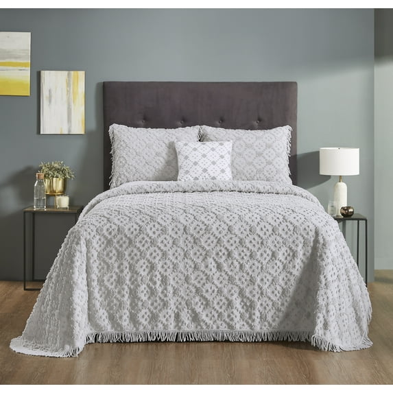 Better Trends 4 Piece Chenille Bedspread Set for King Bedspread 100% Cotton Lightweight Bedspread for All Season Charleston Collection (Gray)