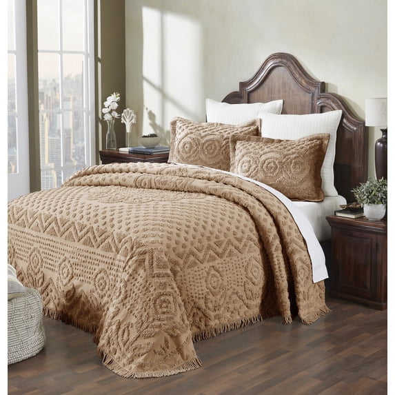 Better Trends Chenille Bedspread For Full/Double Size Bed 100% Cotton Medallion Design Lightweight Bedspread for all Season 96" x 110" Heirloom Collection (Tan)