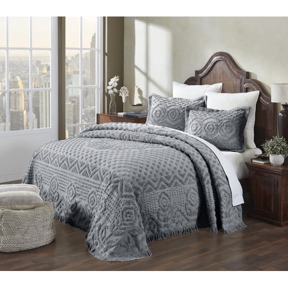 Better Trends Chenille Bedspread For King Size Bed 100% Cotton Medallion Design Lightweight Bedspread for all Season 120" x 110" Heirloom Collection (Gray)