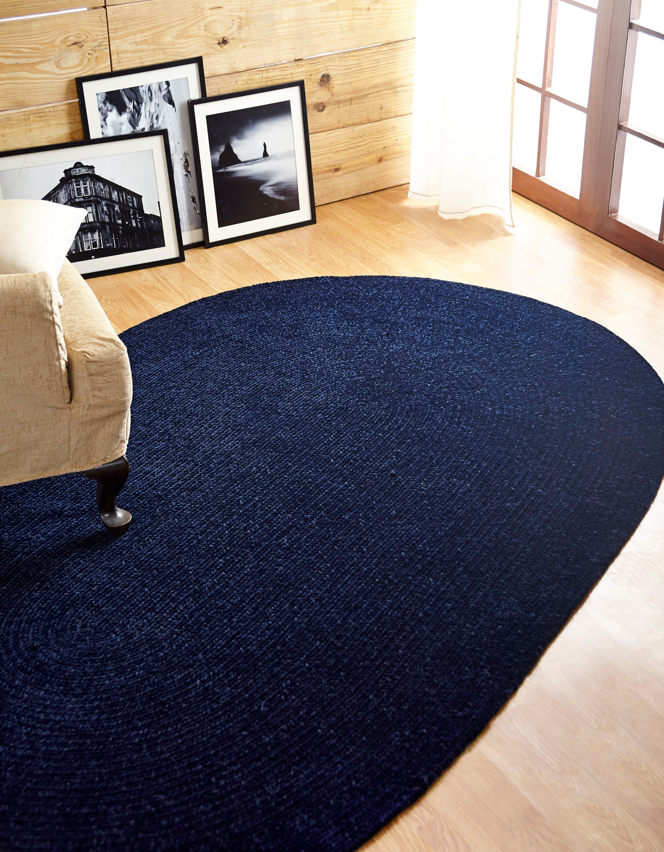 Navy 30" x 50" Oval Braided Reversible Synthetic Rug