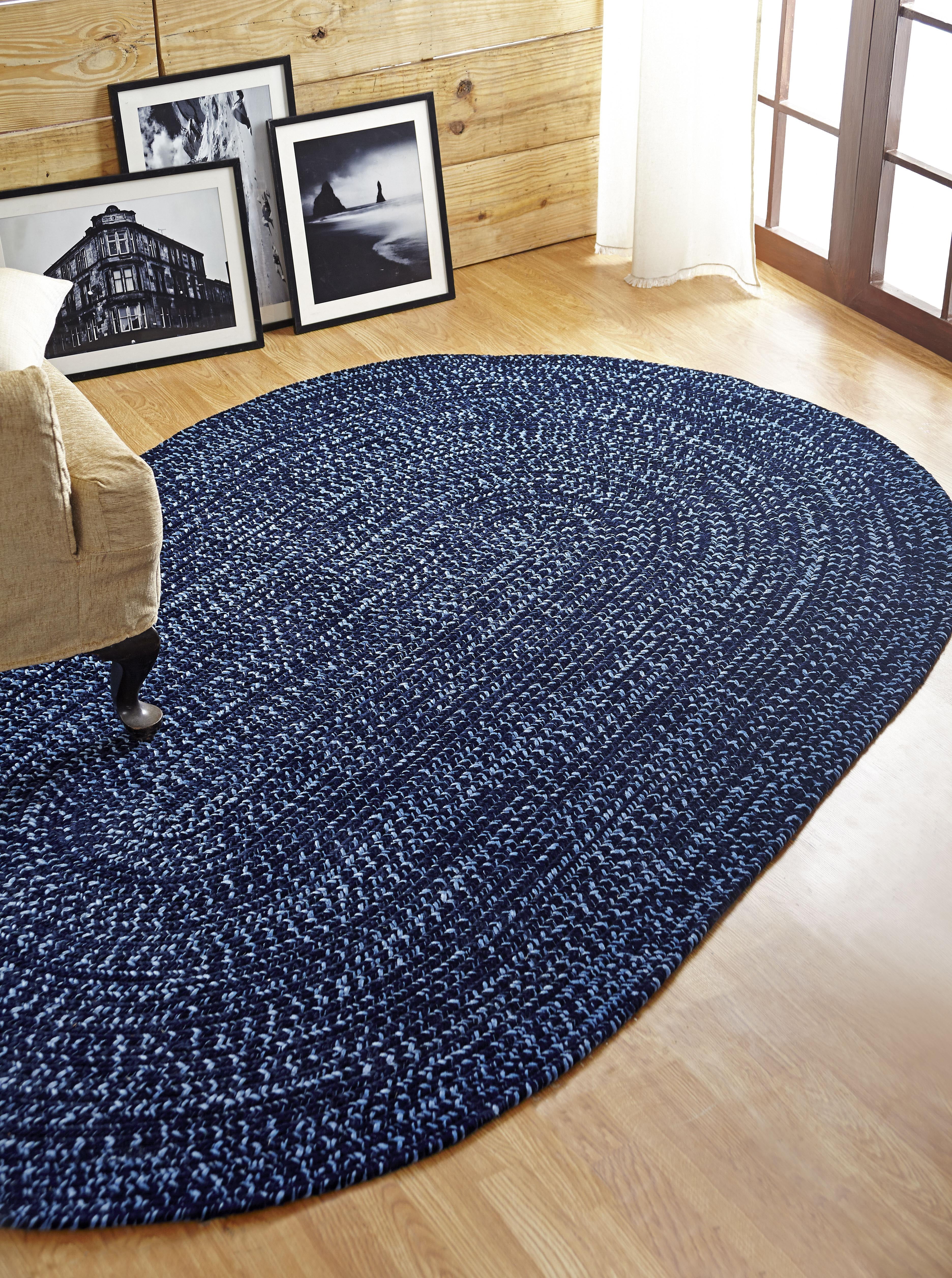 Navy & Smoke Blue Oval Braided Chenille 4' x 6' Rug