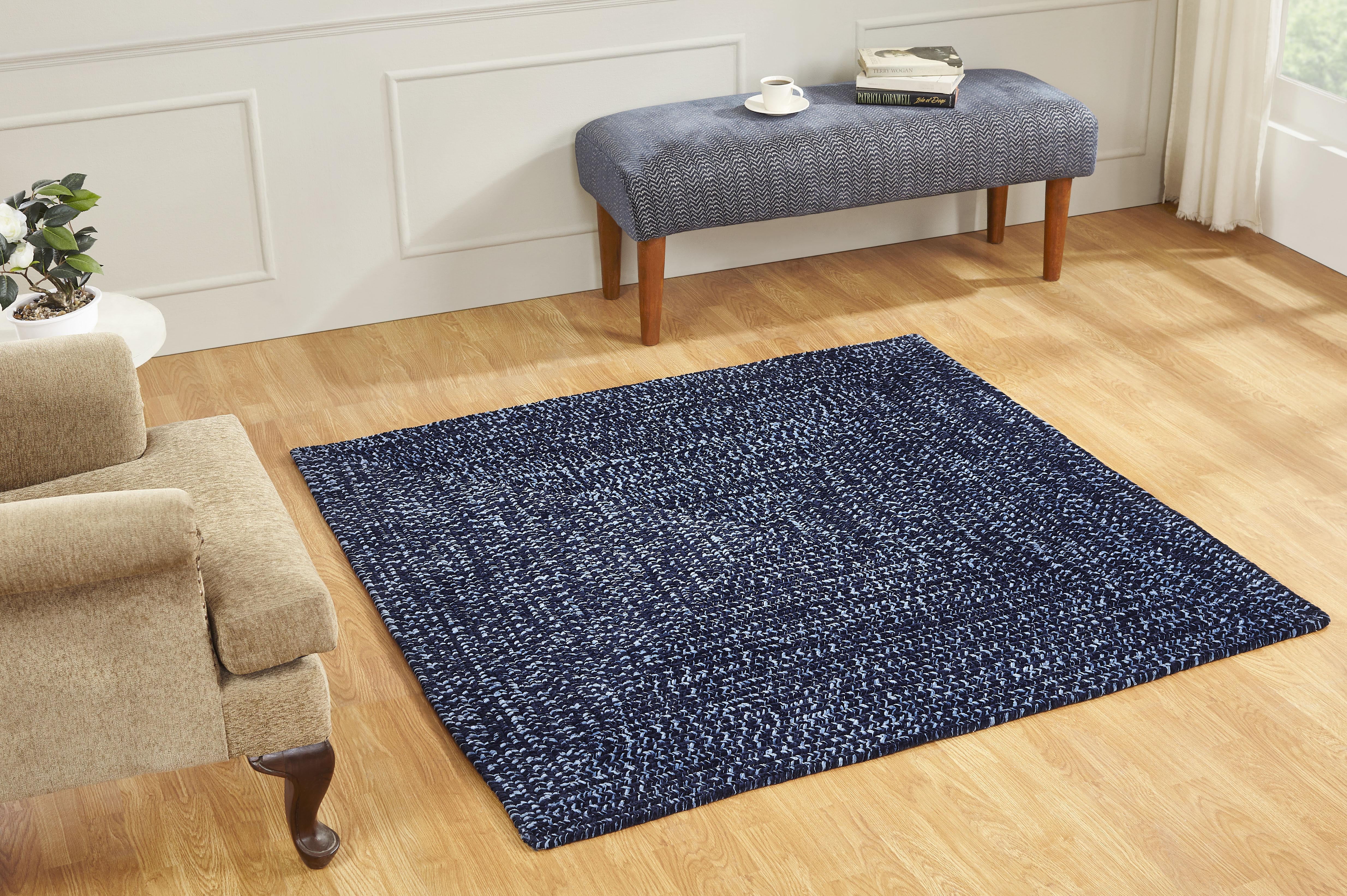 Better Trends 60" Square Braided Rug 100% Polyester Durable and Stain Resistant Reversible Indoor Area Utility Rug, Chenille Tweed Collection - Navy & Smoke Blue