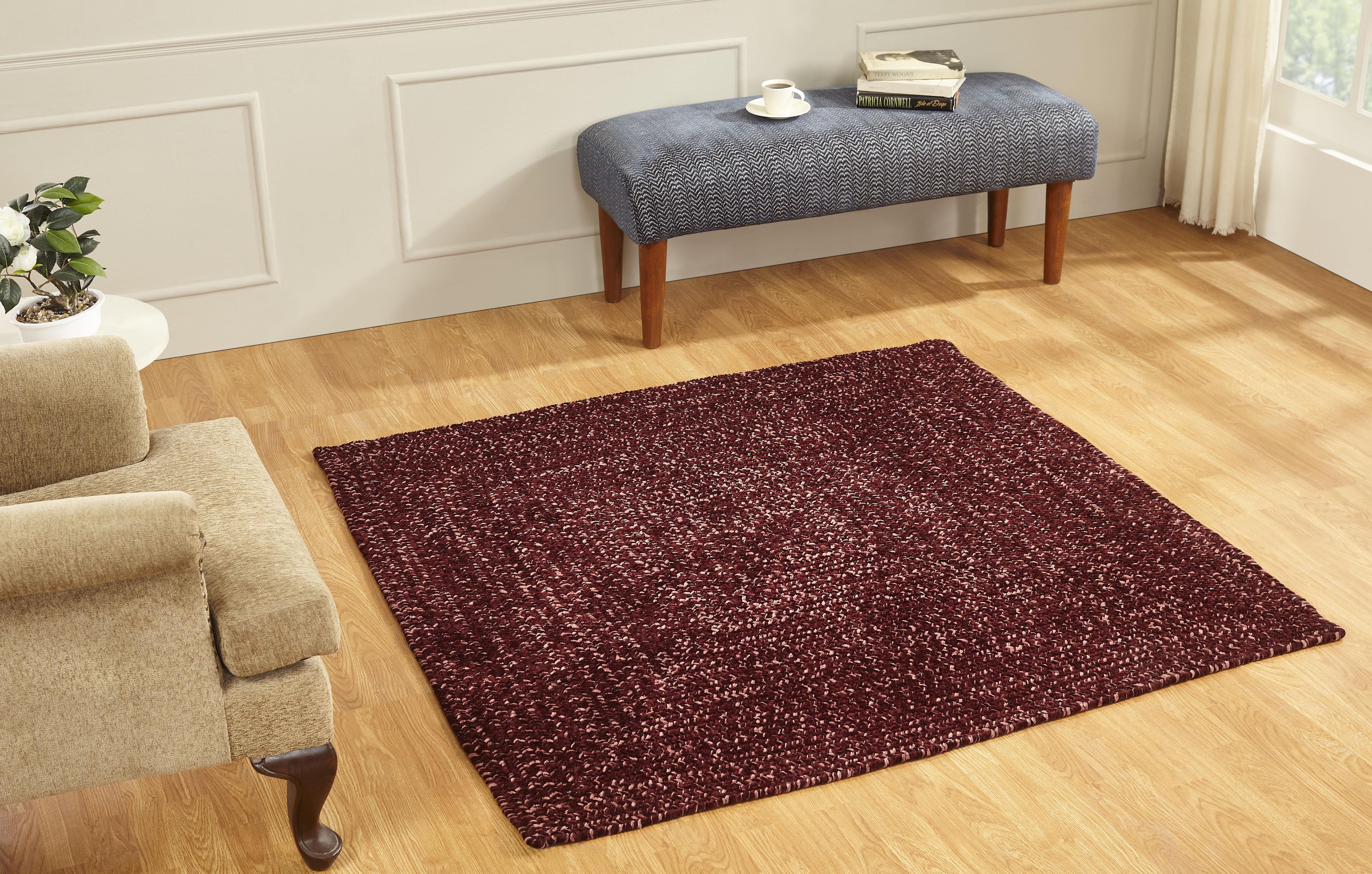 Better Trends 72" Square Braided Rug 100% Polyester Durable and Stain Resistant Reversible Indoor Area Utility Rug, Chenille Tweed Collection - Burgundy & Mauve