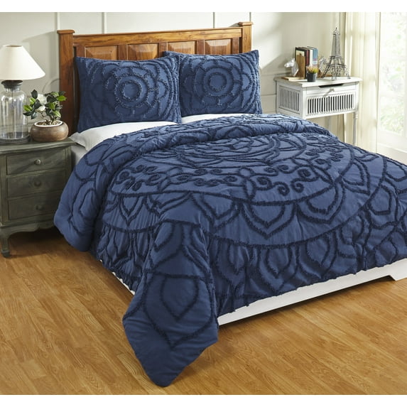 Better Trends Chenille Comforter Set Queen Size 3 Piece 100% Cotton Soft & Cozy All Season Bedding Cleo Collection - Navy