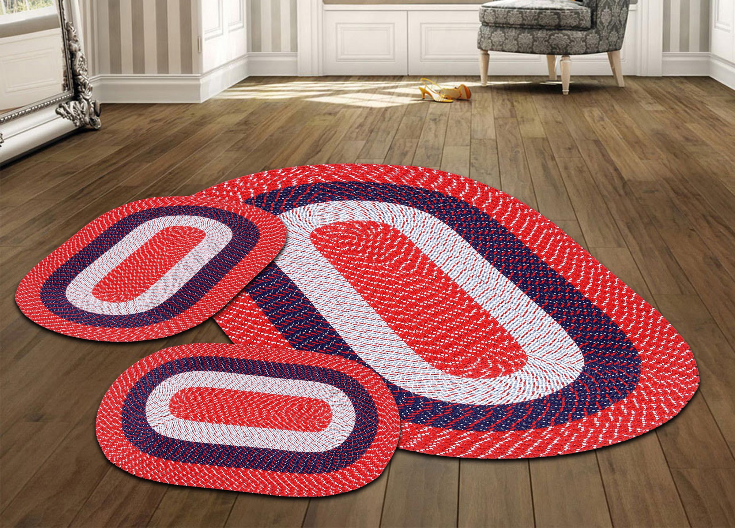 Americana Stripe Reversible Braided Synthetic Rug Set, Red and Beige, 36" x 60"
