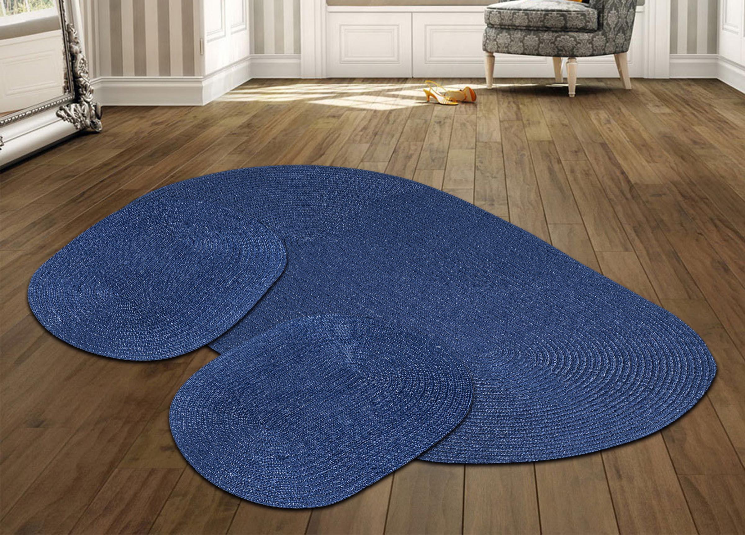 Better Trends 3 Piece Braided Rug Set, 100% Polypropylene Indoor Area Rugs Durable & Reversible, Country Collection - Dark Blue Solid