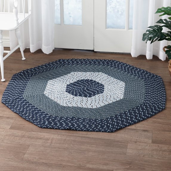 Better Trends 72" Octagonal Braided Rug 100% Polypropylene Durable and Stain Resistant Reversible Indoor Area Utility Rug, Country Stripe Collection - Dark Blue Stripe