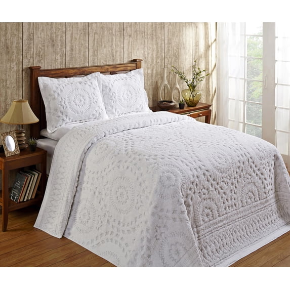 Better Trends 3 Piece Full/Double Bedspread Set 100% Cotton Chenille Tufted Medallion Pattern Soft & Luxurious Feel, Perfect for Gifting and All Seasons, Machine Washable (White) Rio Collection