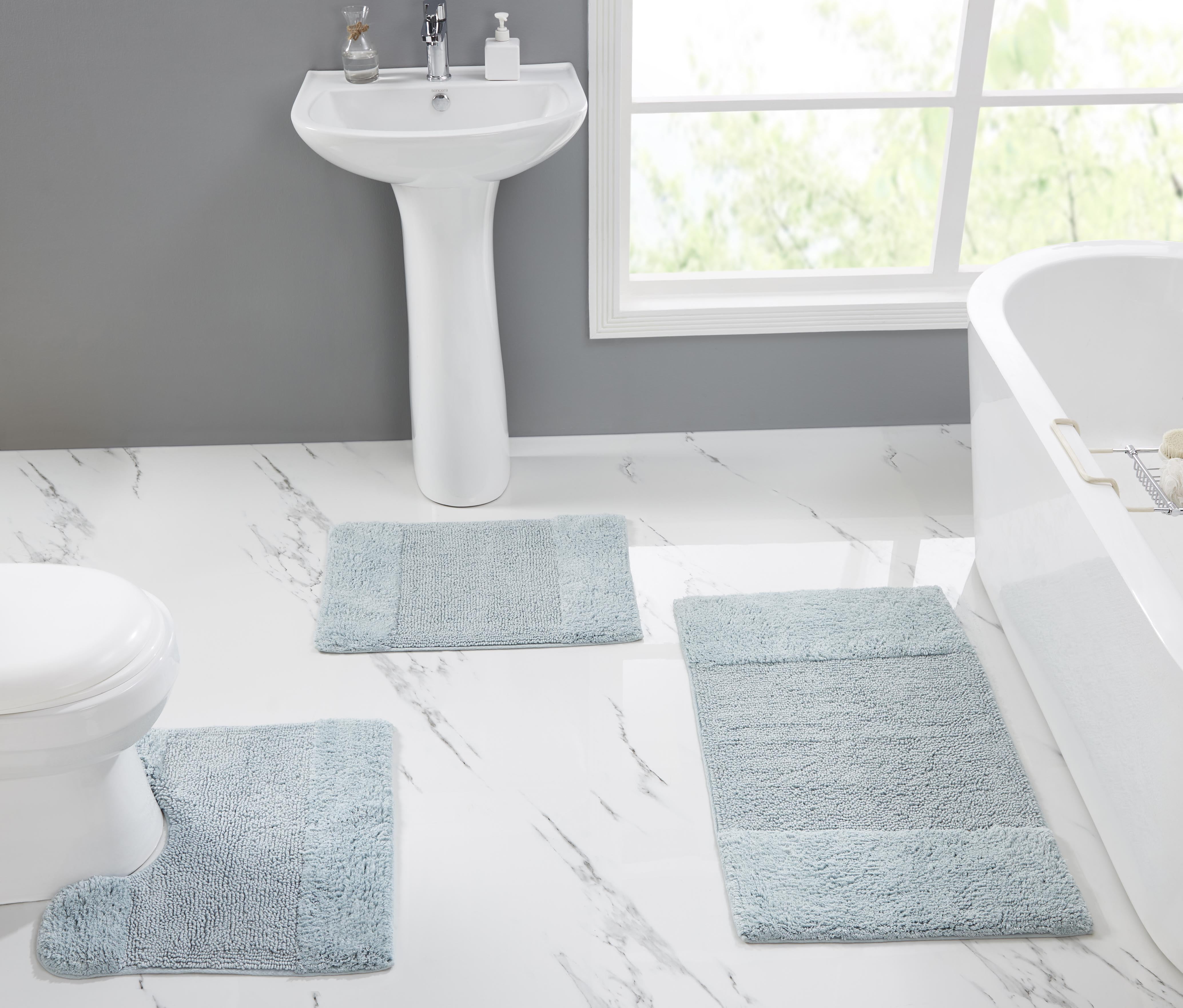 Better Trends 3 Piece Bathroom Rug Set, 100% Cotton, Extra Soft Tufted Bath Mat, Water Absorbent & Non Slip Bath Rug, (Blue) Granada Collection