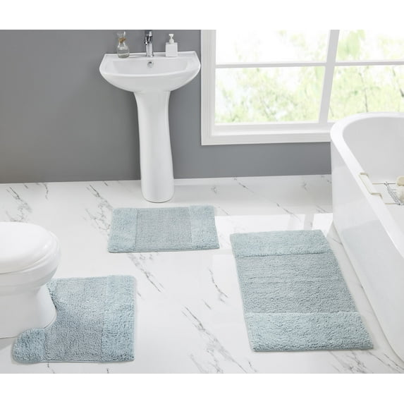 Better Trends 3 Piece Bathroom Rug Set, 100% Cotton, Extra Soft Tufted Bath Mat, Water Absorbent & Non Slip Bath Rug, (Blue) Granada Collection