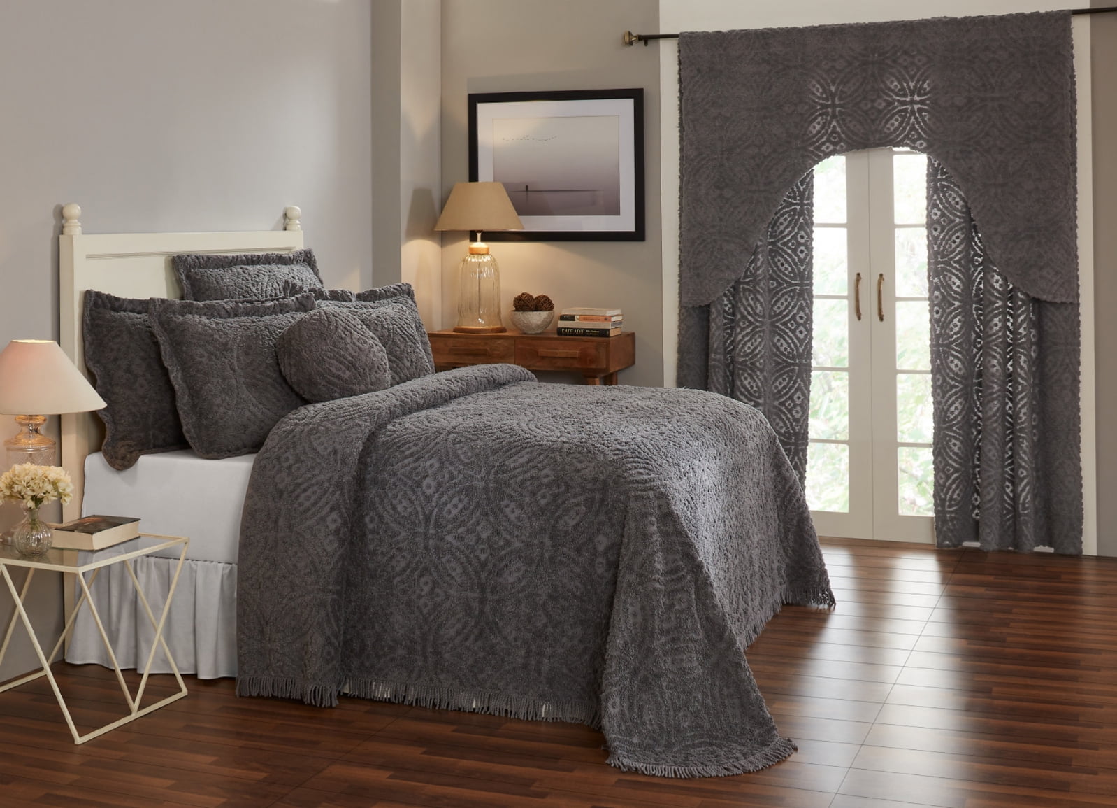 Gray Full Cotton Chenille Tufted Bedspread Set with Shams