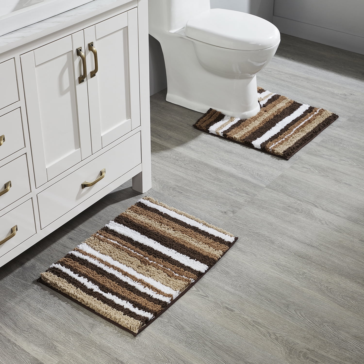 Better Trends 2 Piece Bathroom Rug Set 100% Polyester Soft Water Absorbent Non Slip Bath Mat Machine Washable Rug Griffie Collection - Brown